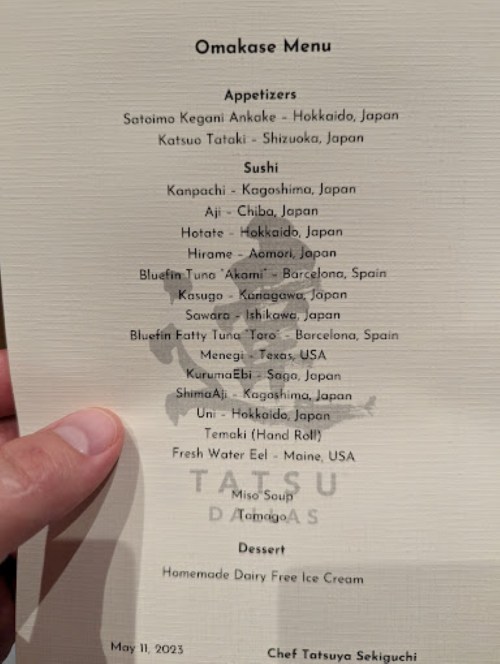 Omakase menu featuring appetizers, sushi, miso soup, and dessert from various locations, dated May 11, 2023.
