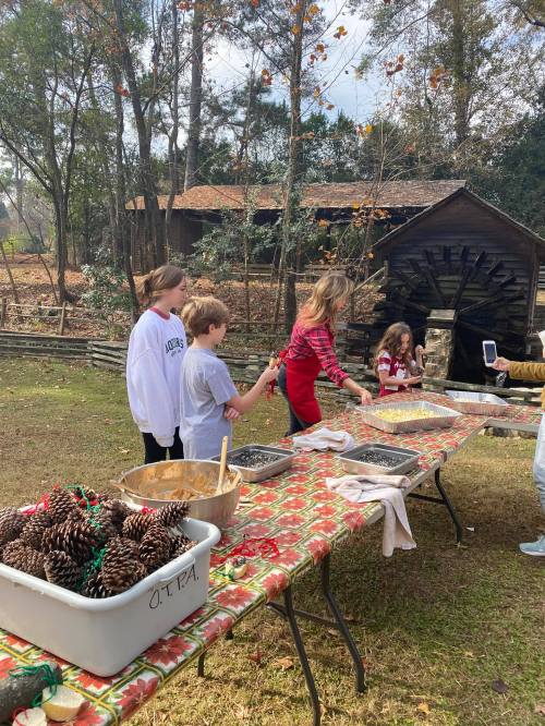Children engaged in a festive outdoor activity, preparing crafts with pinecones at a table in a wooded area.