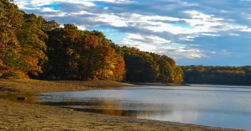 A serene lakeside view with autumn foliage reflecting on calm water under a partly cloudy sky.