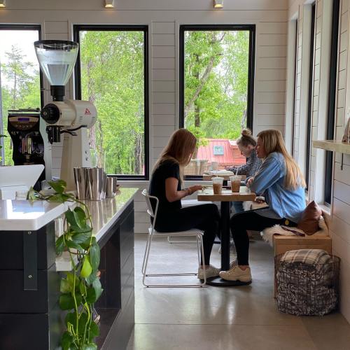 Three women sit at a table in a bright café, enjoying coffee and conversation, surrounded by large windows and greenery.