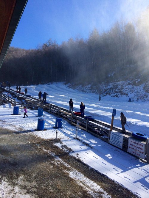 A snowy hill with people sledding and walking up a wooden ramp on a sunny day. Snow-covered trees in the background.