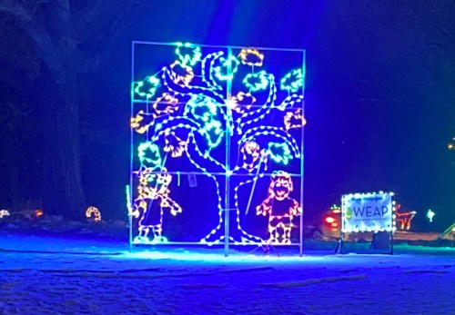 Colorful illuminated display of a tree with two children, surrounded by snow and festive lights at night.