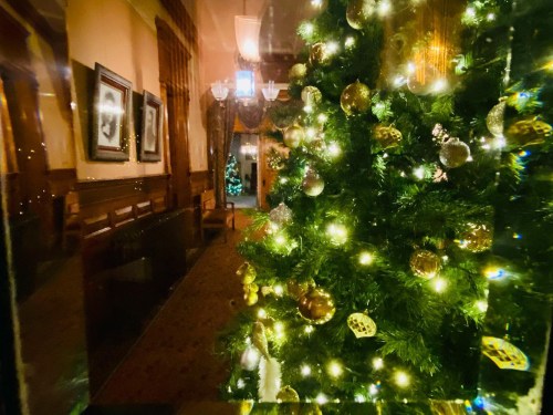 A decorated Christmas tree with lights and ornaments, viewed through a window, with a festive hallway in the background.
