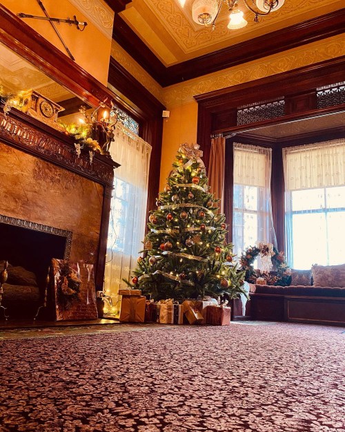 A cozy room decorated for Christmas, featuring a beautifully lit tree and wrapped gifts near a fireplace.