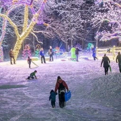 A snowy park illuminated with colorful lights, featuring families enjoying winter activities and a festive atmosphere.