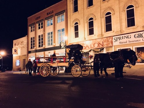 A horse-drawn carriage decorated for the holidays is parked in front of a city hall at night.