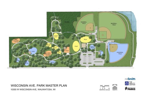 Map of Wisconsin Ave. Park Master Plan in Wauwatosa, WI, featuring fields, playgrounds, a pond, and walking paths.
