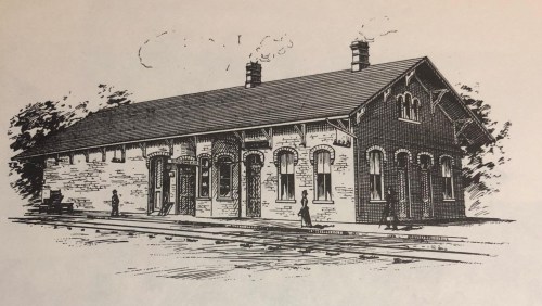 Black and white illustration of a vintage train station with smoke rising from chimneys and people walking nearby.