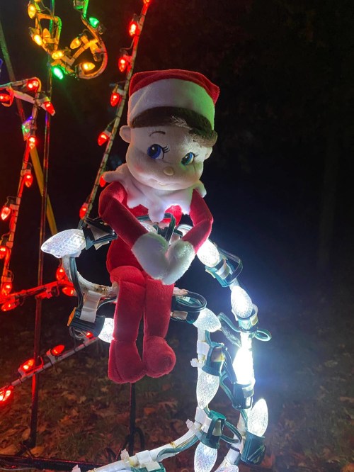 A plush elf doll with a Santa hat sits among colorful holiday lights at night.