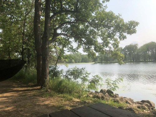 A serene lakeside view with trees, rocks, and calm water under a clear sky.