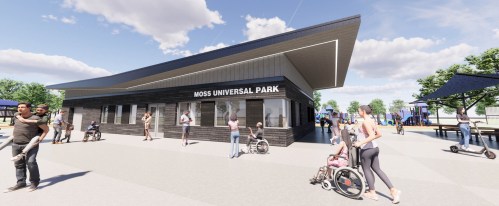 A modern park building with people of diverse abilities enjoying the space, surrounded by greenery and play areas.