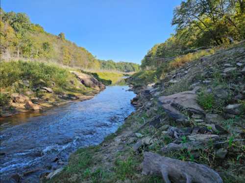 A serene river flows through a lush green landscape under a clear blue sky, surrounded by trees and rocky banks.