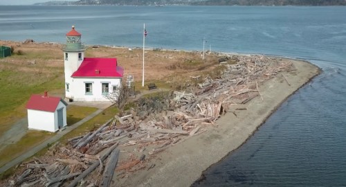 A lighthouse with a red roof stands by the shore, surrounded by driftwood and calm waters under a clear sky.