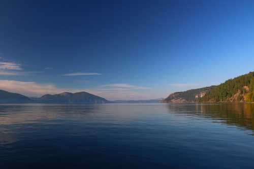 A serene lake scene with calm waters, surrounded by mountains and a clear blue sky.