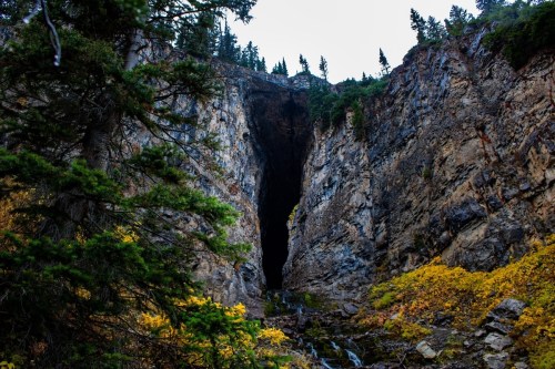 A deep canyon surrounded by rocky cliffs and trees, with autumn foliage and a small waterfall at the base.