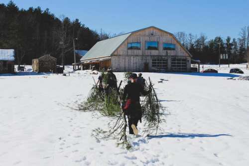 People walking through snow, carrying evergreen branches, with a wooden barn and trees in the background.