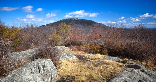 A rocky landscape with sparse vegetation, featuring a distant mountain under a blue sky with scattered clouds.