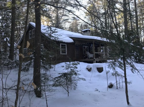 A cozy wooden cabin surrounded by snow-covered trees in a winter landscape.