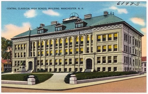 Postcard of Central Classical High School building in Manchester, NH, featuring a large, historic structure with multiple windows.