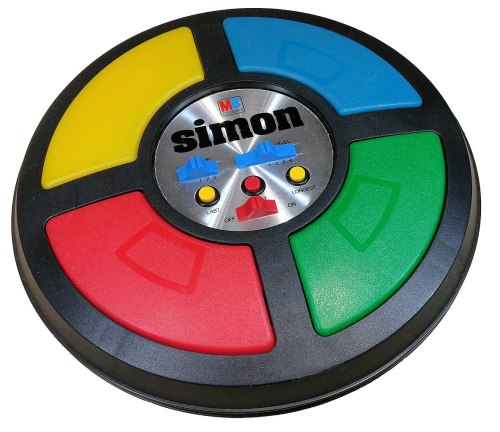 A colorful electronic memory game with four buttons: red, yellow, blue, and green, and a central control panel.