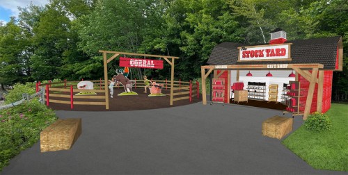 A colorful outdoor scene featuring a corral with animals and a red barn-style gift shop surrounded by trees.