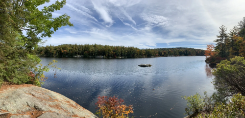 A serene lake surrounded by trees, with a rocky shore and a clear blue sky dotted with clouds.