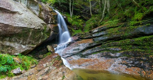 A serene waterfall cascades over rocky terrain, surrounded by lush greenery and autumn leaves.