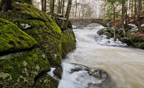 A serene river flows over rocks, surrounded by mossy stones and trees, with a stone bridge in the background.