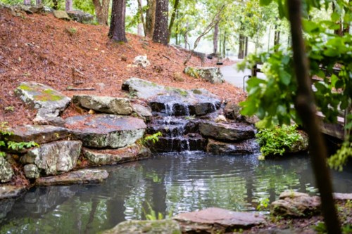 A serene pond with a small waterfall surrounded by rocks and lush greenery in a wooded area.