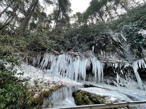 Icicles hang from a rocky cliff surrounded by trees, with a frozen waterfall and snow-covered ground below.