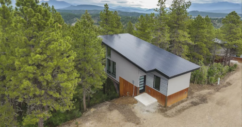 A modern house with a sloped roof, surrounded by tall pine trees and mountains in the background.