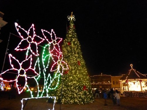 A brightly lit Christmas tree stands tall at night, surrounded by festive lights and decorations, including flower-shaped lights.