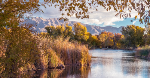 A serene lake surrounded by autumn foliage and mountains in the background under a partly cloudy sky.
