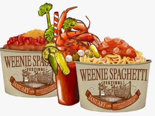 Illustration of two bowls of spaghetti and a cocktail, promoting the Weenie Spaghetti Festival on January 13th.