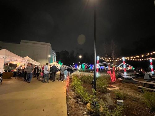A festive outdoor event at night with people, food tents, and colorful lights in a park setting.