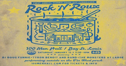 Illustration for the Rock 'N' Roux Gumbo Cook-Off Fundraiser at 100 Men Hall, featuring music and food details.