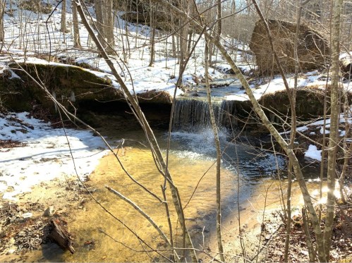 A serene winter scene featuring a small waterfall flowing into a clear stream, surrounded by bare trees and snow.