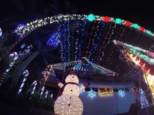 A festive display of colorful Christmas lights, featuring a snowman and candy cane decorations under a starry night sky.