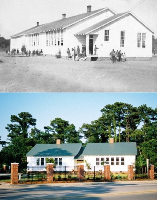 Historic black-and-white photo of a school building, paired with a modern color image of the same structure, surrounded by trees.