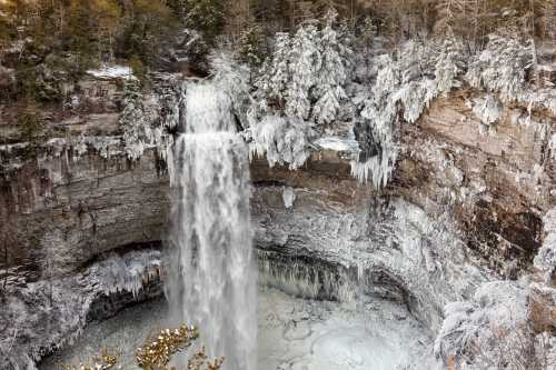 A frozen waterfall surrounded by icy cliffs and snow-covered trees in a winter landscape.