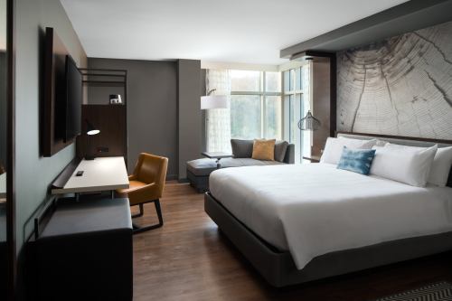 Modern hotel room featuring a king bed, desk, chair, and large windows with natural light. Stylish decor and wood accents.
