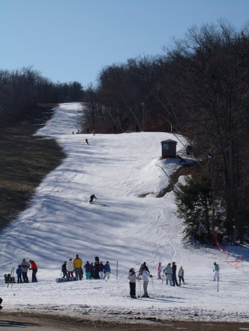 A snowy ski slope with people skiing and snowboarding, surrounded by trees and a clear blue sky.