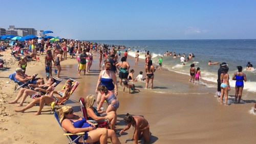 A crowded beach scene with people sunbathing, swimming, and playing in the sand under a clear blue sky.