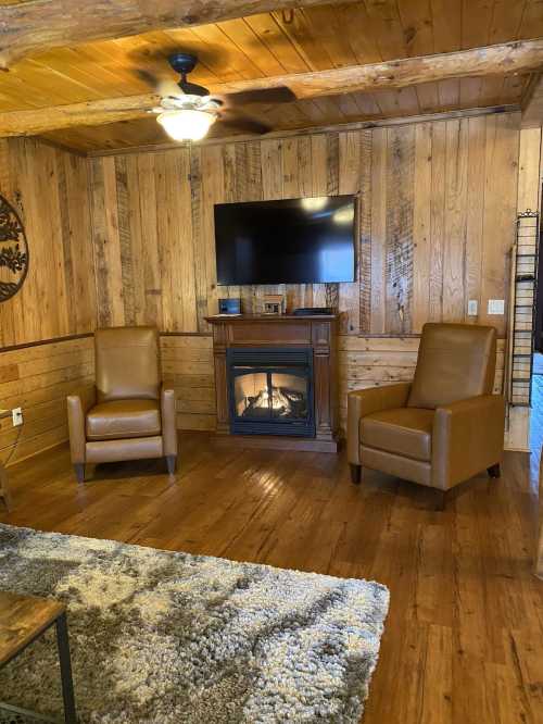 Cozy room with wooden walls, two brown chairs, a fireplace, and a wall-mounted TV. Soft rug on the floor.