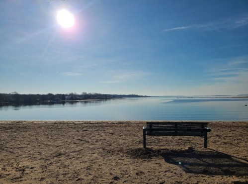 A serene beach scene with a bench facing calm water under a bright sun and clear blue sky.