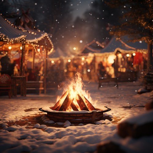A cozy campfire burns in a snowy setting, with festive lights and stalls in the background, creating a warm holiday atmosphere.