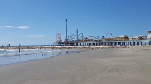 A sunny beach scene featuring a pier with amusement rides and a clear blue sky. Waves gently lap at the shore.