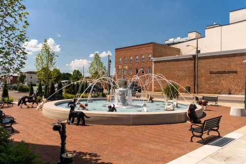 A fountain surrounded by sculptures of dogs, with trees and buildings in the background under a clear blue sky.