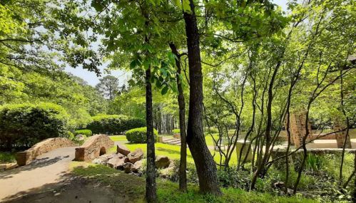 A serene park scene featuring lush greenery, trees, and a small stone bridge over a pathway.