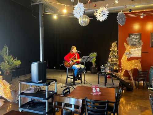 A musician performs on stage with a guitar in a festive, decorated venue featuring holiday lights and decor.